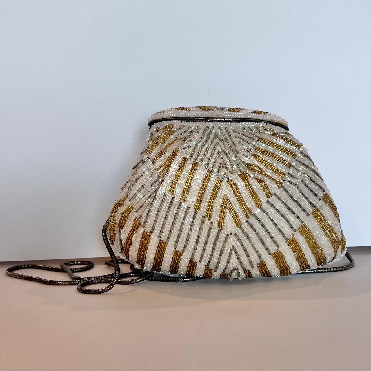 Vintage Carla Marchi Beaded Purse, White Gold Beaded Purse 