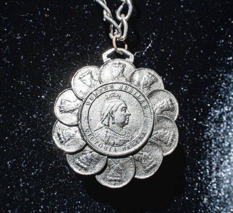 Queen Victoria Regina jubilee silver tone coin necklace by Herald, 1960's image 2