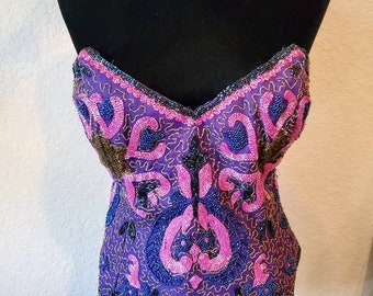 Purple Bustier, Fuchsia Beaded Corset, Silk Bustier And Corset, 1980's Corset And Bustier, Vintage Bustier, Vintage Corset, Vintage Fashion