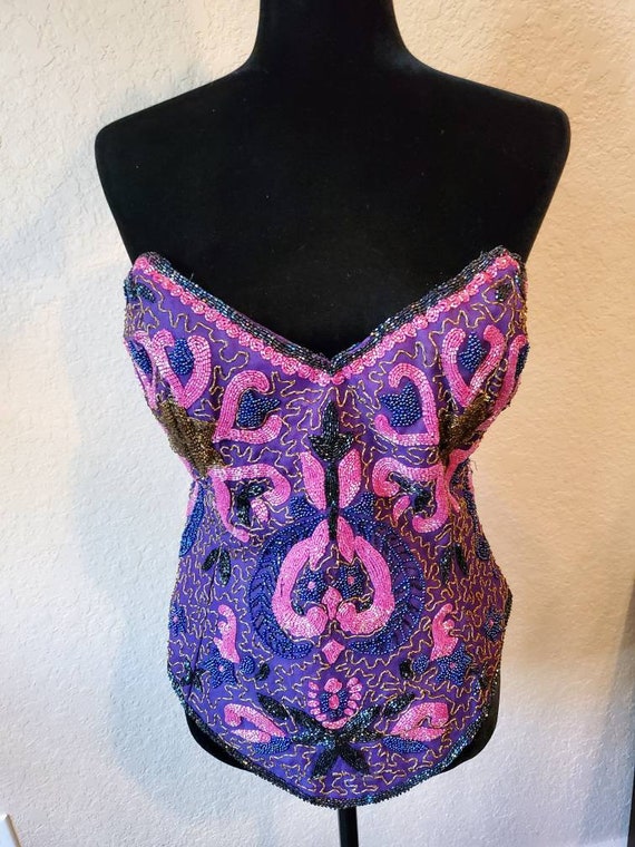 Purple Bustier, Fuchsia Beaded Corset, Silk Bustie