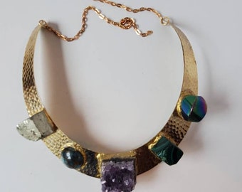 Brass hammered choker or crown with multi crystal stones by Amanda Alarcon-Hunter for Minx and Onyx