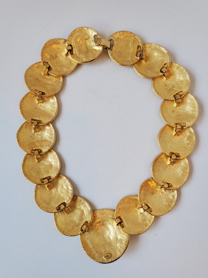 AFJ Signed Gold Tone, Vintage Necklace, Chunky Necklace, Large Gold Tone Necklace, Bib Necklace, Circular Necklace, Disc Gold Necklace image 7