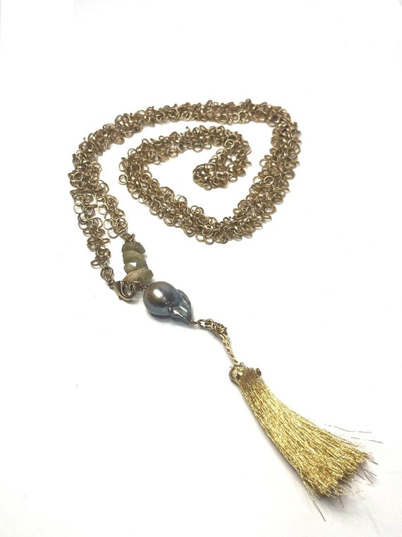 Vintage Pearl Tassel Necklace, Gold Chain Necklace