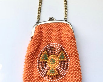 Vintage Orange Beaded Purse, Small Purse, Native Purse, Ethnic Bag, Chain Purse, 60s Purse, Fringe Purse, Eagle Emblem Handbag, Orange Beads