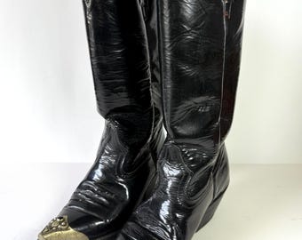 Vintage Black Leather Cowboy Boots, Metal Toe, Size 5, 80s