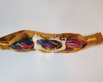 Vintage belt brutalist buckle with brocade ribbon, 1970's