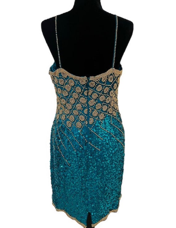 A J Bari Vintage Teal Sequins Dress, Metallic Beaded Dress, 80s Beaded Dress, Teal and Gold Semi Formal, Designer Dress, New Years Eve Dress