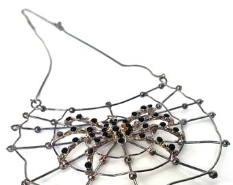 Vintage Spiderweb Necklace,  Rhinestone Necklace, Goth Necklace, Halloween Necklace, Insect Necklace, Spider Jewelry, Bug Jewelry, Gothic