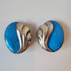 Turquoise Sterling Earrings, Oval Clip Earrings, Vintage Turquoise Earrings, Stamped Earrings, Native Ethnic Earrings, Southwestern Jewelry