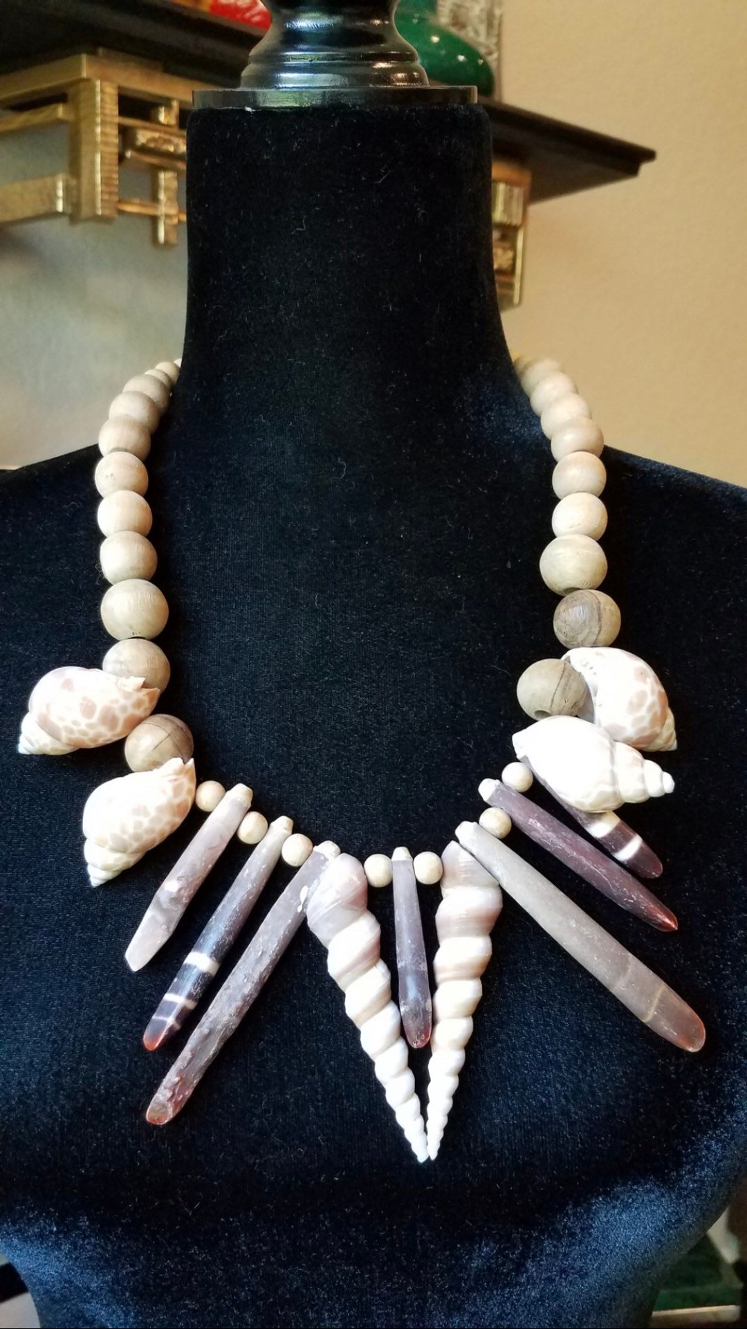 Collier Vintage Années 70 En Bois Et Nacre De Coquillage Avec Petites Perles * 4953 - Pièce Unique