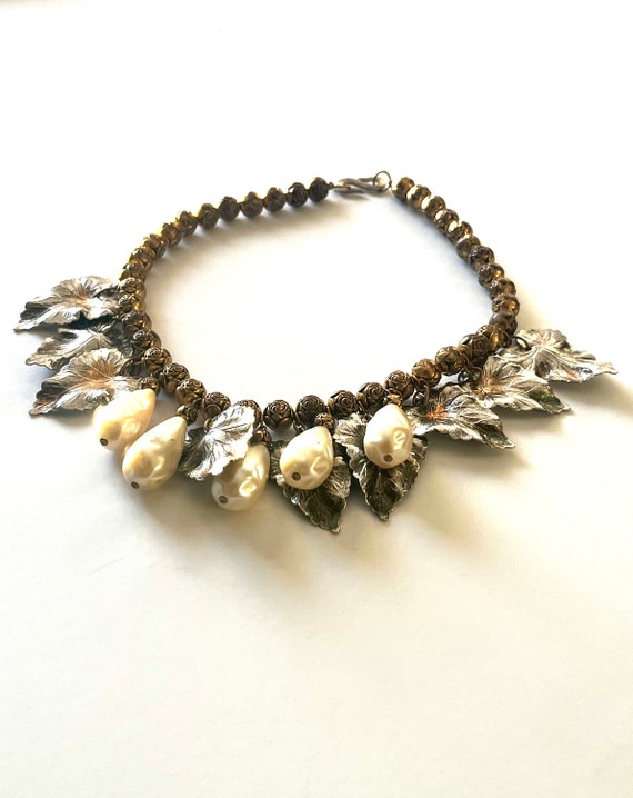 Vintage Pearl Leaf Necklace, Pearl Choker, Pearl … - image 1