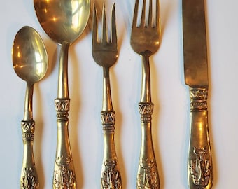 Ganesh Brass Flatware, Vintage Thailand Flatware, Table Decor, Thai Home Decor, Ganesh Brass Decor, Vintage Brass Fork Set, Vintage Brass