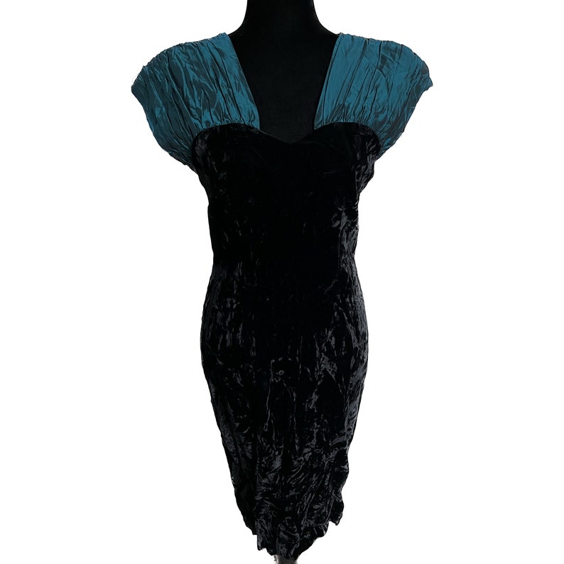NICOLE MILLER Vintage Dress, Teal and Black Velvet Dress, 80s Prom Dress, Vintage Prom Dress, 80s Fashion, Vintage Formal Wear, 90s fashion image 2