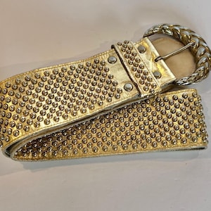 RARE 80&#39;s Gold Metallic Belt, Vintage Gold Studded Belt, 80s Leather Belt, Signed Leather Belt,  Gold Accessories, Retro Belt, Fancy Gold