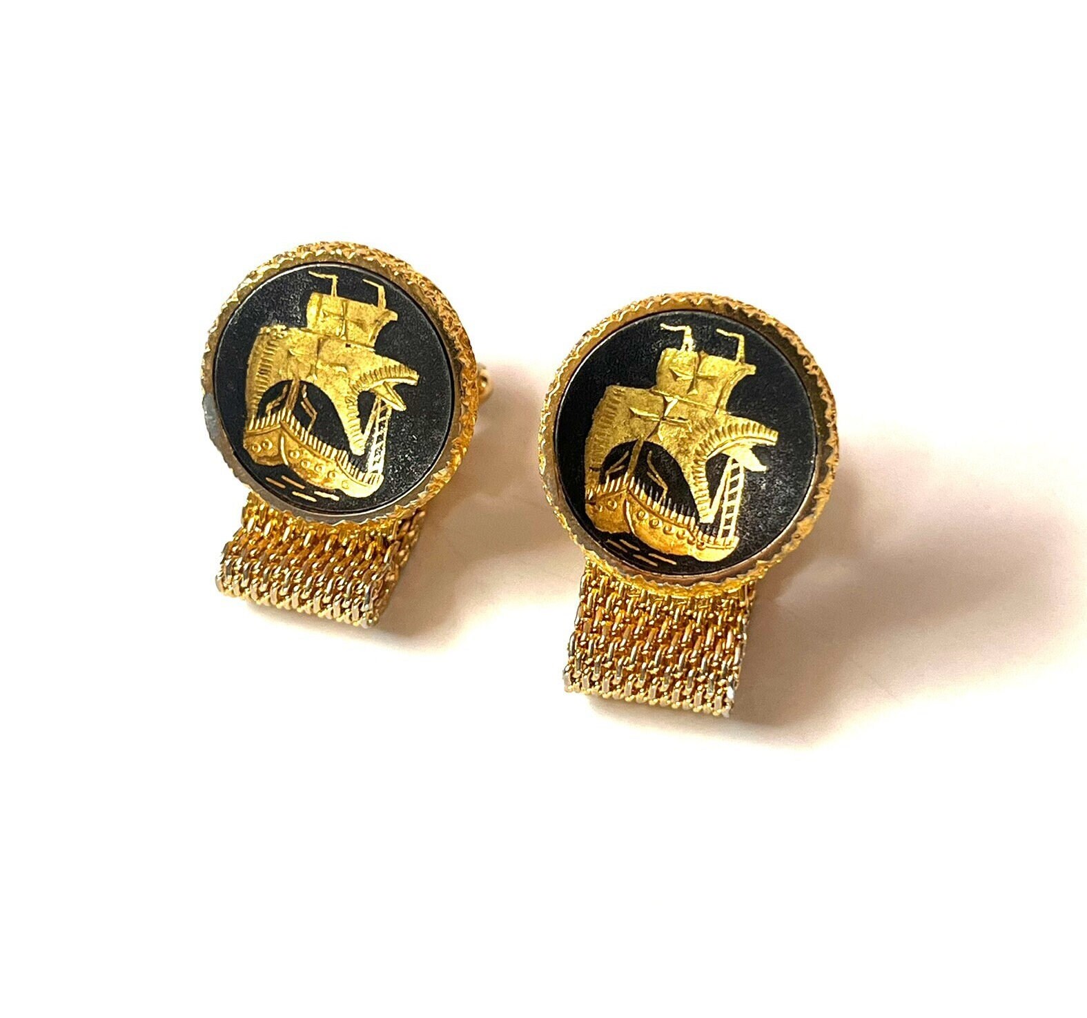 Anciens Boutons De Manchette Murat Plaqué Or – Thème Bateau Voilier, Avec écrin