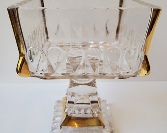 Vintage clear etched glass and gold trim candy dish, 1950's