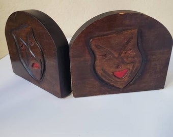 Wood bookends, Tragedy and Comedy Bookends, hand carved Tragedy and Comedy Bookends, 1940's Bookends,Mid Century Bookends, Mid Century Decor