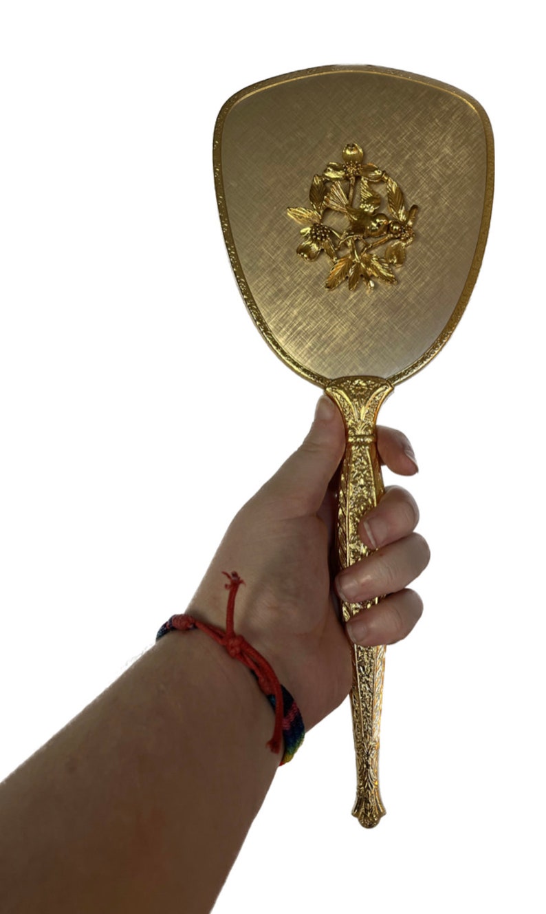 Vintage Gold Metallic Hairbrush and Mirror Set, Vintage Vanity Set, Vintage Brush and Mirror, Floral Decor, Bird Decor, Vintage Floral Brush image 7