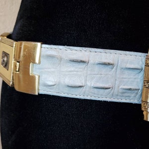 Vintage unisex leather light blue croc and gold lion deco belt image 5