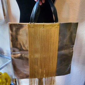 Gold Fringe Bag, Designer tote bag/clutch by Amanda Alarcon-Hunter, Designer Purse, Gold Tone Bag, Redesigned Tote Bag, One Of A Kind Purse