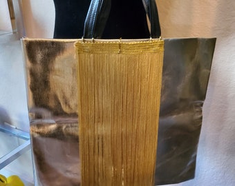 Gold Fringe Bag, Designer tote bag/clutch by Amanda Alarcon-Hunter, Designer Purse, Gold Tone Bag, Redesigned Tote Bag, One Of A Kind Purse