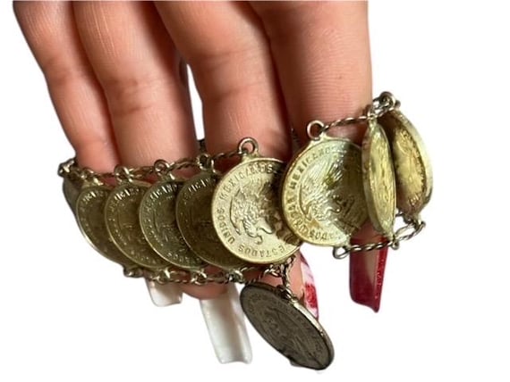 Vintage 1950s Mexican Peso Coin Bracelet, Mid Century Linked