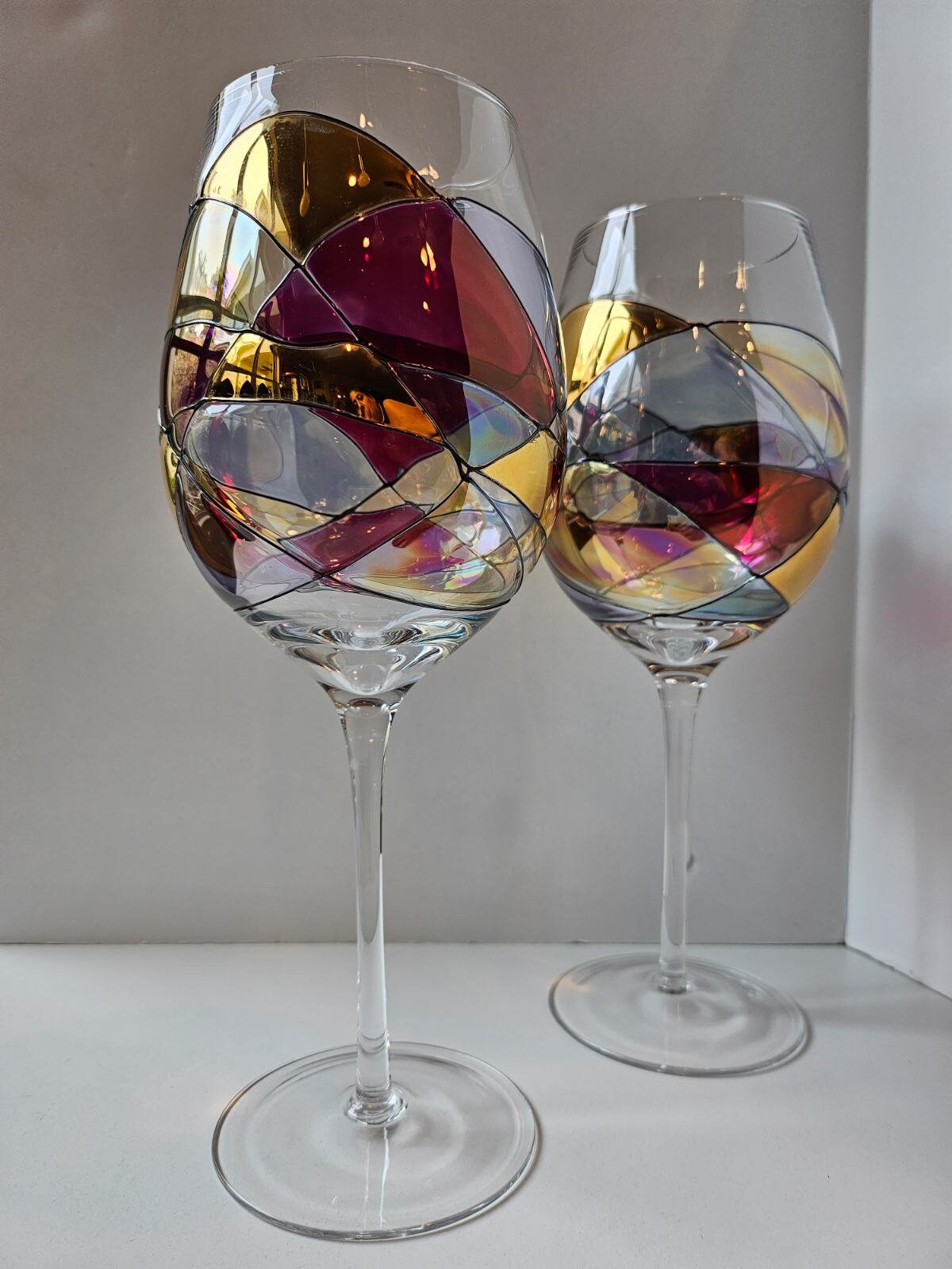 Large Wine Glasses Set of 2 Stained Glass Pattern Painted Mosaic