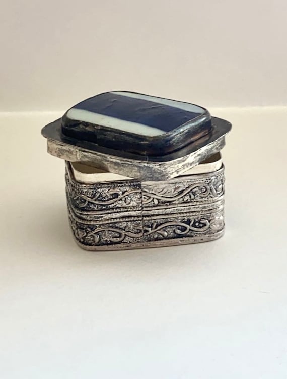 Vintage Silver Box, Blue Glass Box, Small Box, Col