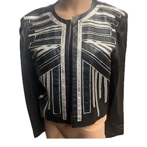 Vintage Leather Silver and Black Jacket, Cropped Leather Jacket, Vintage Leather Jacket, 80s Jacket, Abstract Jacket, Silver Retro Blazer