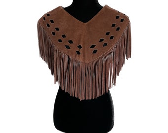 Vintage Brown Suede Fringed Collar, Fringe Bib, Boho Collar, Fringe Vest, Suede Vest Made in Mexico, Vintage Western Wear, Brown Suede