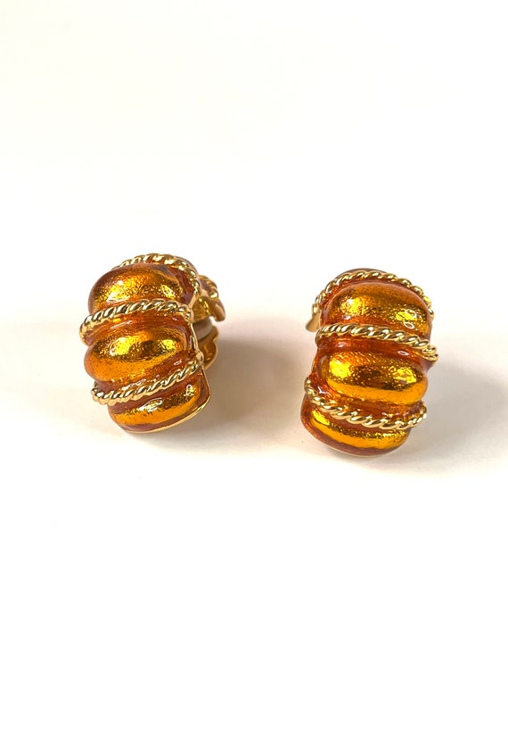 Vintage Gold Enamel Shrimp Earrings, Gold Clip On 