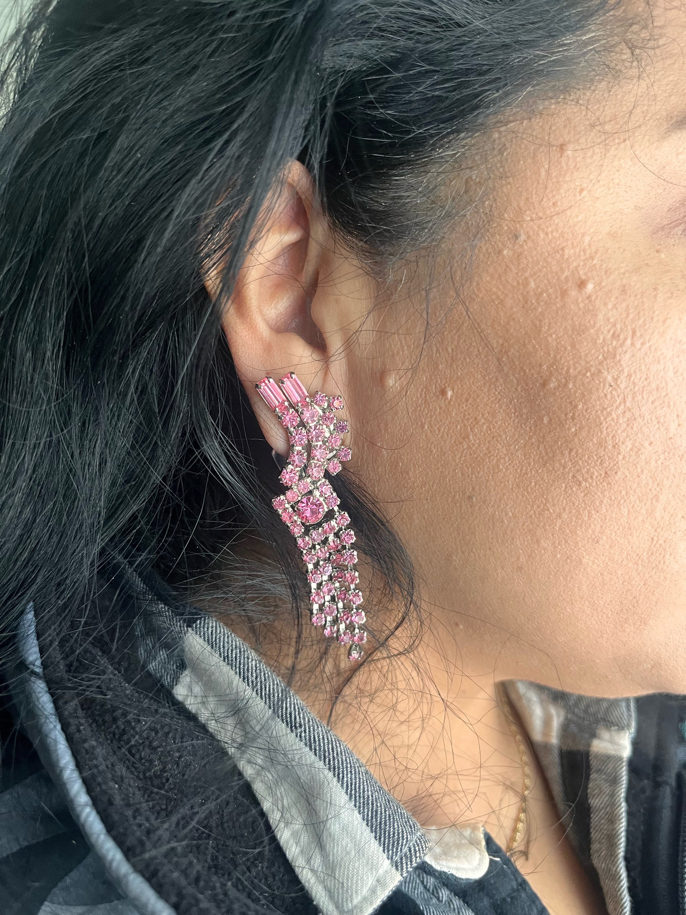 Boucles D'oreilles Vintage Strass Rose Irisé - Années 70 - Forme Rectangle - Clip - Occasion