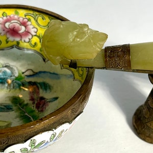 Cloisonne Chinese Jade Belt Hook Mounted Enamel Bowl, Painted Enamel Gilt Bronze Bowl, Vintage China Cup W/ Jade Handle, Collectors Bowl image 2