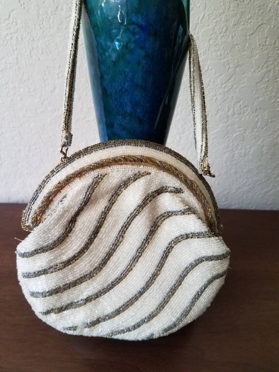 Beaded vintage handbag cream and tan ,1940's - image 2