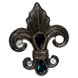 Fleur De Lis Pin, Vintage French Pin, Fleur De Lis Brooch, Cabochon Brooch, Couture Fashion Vintage Brooch, Floral Pin, Faux Pearl Pin image 8