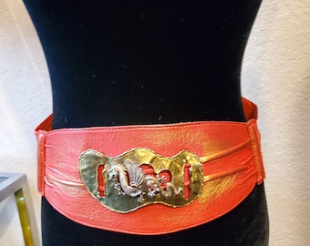 Designer Red Vegan Leather Belt, Redesigned Belt, Designs By Amanda Alarcon Hunter, Dragon Belt, Mystical Belt, Pirate Belt