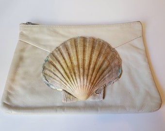 Vintage cream clutch with large reworked seashell by Amanda Alarcon-Hunter for Minx and Onyx