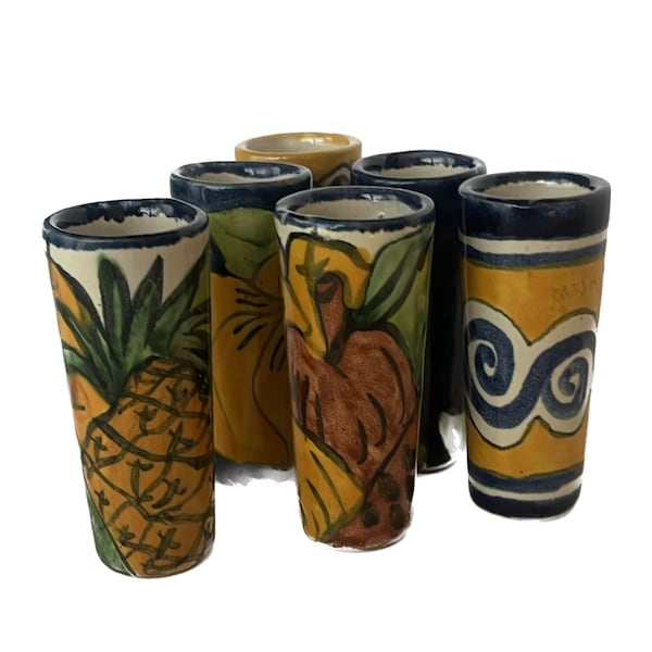 Tequilla Shot Glasses, Set of Six Ceramic Shot Glasses, Made in Mexico, Vintage Barware, Talavera Folk Art Glasses, Vintage Mexico Ceramics