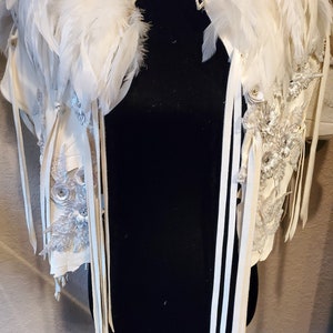 Designer Top, Feathered top, Julie Ewing, Feathered Cape, Leather Cape, Designer Cape, White Leather Cropped Top image 3