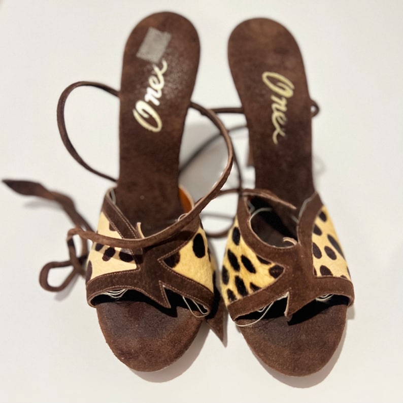 ONEX Vintage Suede Heels, Wood Heels, Cheetah Print Heels, Strappy Heels, Y2K Heels, Brown Pumps, Suede Pumps, Wooden Pumps, 60s Retro Pumps image 1