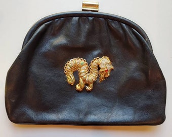 Vintage black leather clutch with gold dragon emblem and handpainted design by Amanda Alarcon-Hunter for Minx and Onyx