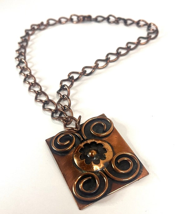 Vintage Copper Necklace, Large Copper Pendant, Flo