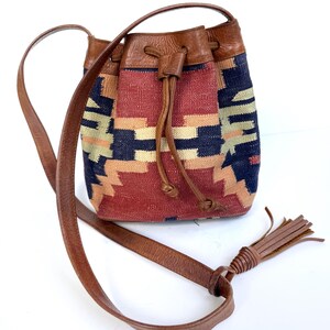 Vintage Handwoven Kilim Backpack Bucket Bag, Drawstring, Tribal Pattern, Leather Vintage Kilim Bucket Bag, Genuine Leather Crossbody Bag - Etsy main image 2