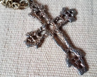 Brutalist Gold Tone Cross, Large Cross Pendant, Catholic Jewelry, 70s necklace, Cross Necklace, Wedding Accessories, Madonna