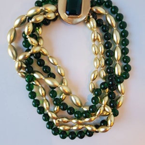 Les Bernard Inc. Jewelry, Vintage Signed Beaded Jewelry, Vintage Beaded Choker, Green and Gold Beaded Choker, Designer SIgned Jewelry