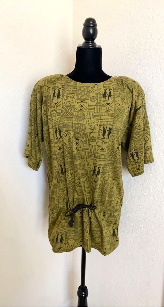 Olive Green vintage top,  Abstract Drawstring top,