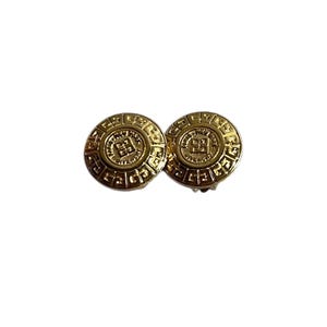 GIVENCHY  Vintage Signed Gold Tone Clip On Earrings, Authentic Carved Logo Medallion Givenchy Earrings, Givenchy Logo Earring, Greek Key