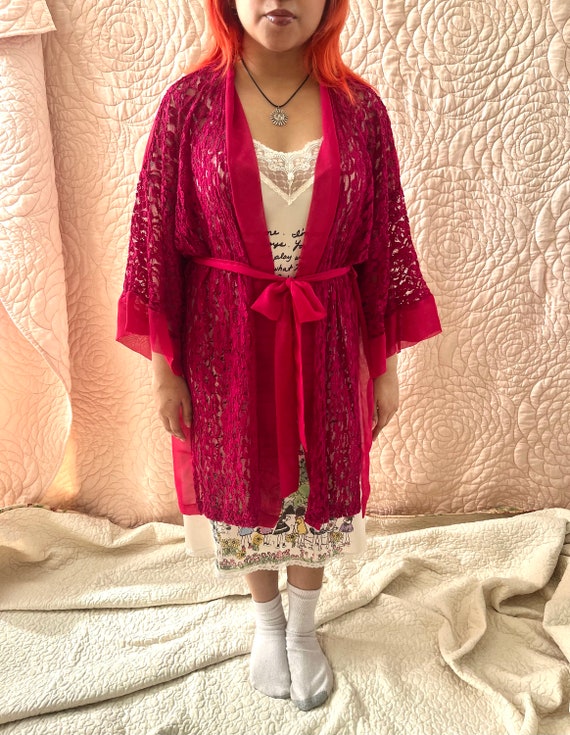 Hot Pink Robe, Vintage Robe, Lace Robe, Vintage L… - image 3