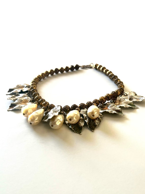 Vintage Pearl Leaf Necklace, Pearl Choker, Pearl … - image 4