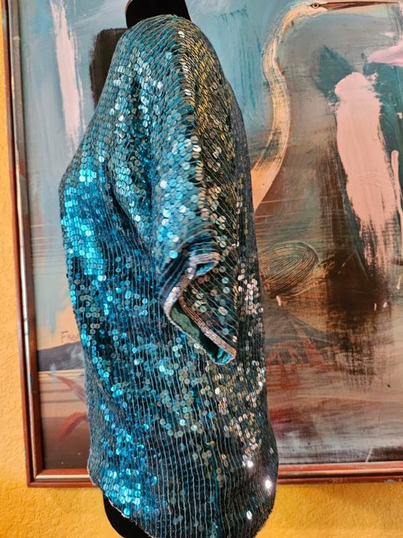 Blue Sequin Top, Vintage Teal Blouse, 80s Sequin … - image 3